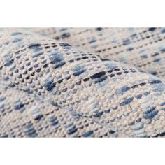 an up close shot of the blue and white knitted fabric