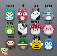 an assortment of pixel art magnets with different characters on them, all in different colors and sizes