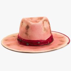 Burnt Distressed Finish Fedora – a timeless classic with a contemporary twist! The tear-drop crown and pink hue elevate its style quotient, making it a must-have accessory for you. Designed with meticulous attention to detail, this wide flat brim fedora features a red narrow fabric band adorned with a chic metal chain, adding a modern flair to its overall look. The burnt distressed finish not only lends a vintage charm but also ensures that each hat is uniquely crafted, making it one-of-a-kind. Different Hat Styles, Hat Holder, Different Hats, Wide Brim Fedora, Floral Ribbon, Felt Fedora, Head Shapes, Fedora Hat, Sleek Look