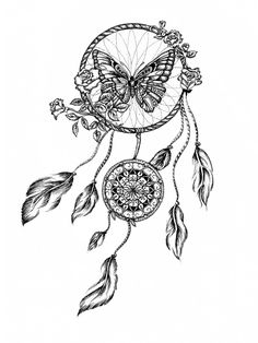 a black and white drawing of a butterfly on a dream catcher