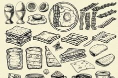 a bunch of food that is drawn in black and white