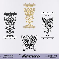 four different types of stencils with gold and black designs on white paper, one is