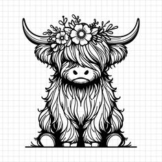 a black and white drawing of a cow with flowers on it's head, sitting down