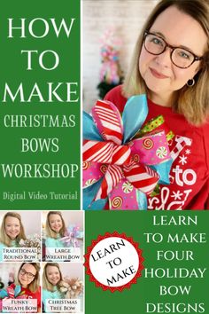 a woman with glasses and a bow on her neck is featured in the book how to make christmas bows workshop