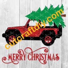 a red jeep with a christmas tree on the roof and merry lettering in front of it