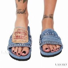 Lasaky - Stylish Platform Sandals with Thick Soles and Denim Design - Fashionable Lettered Slides Denim Slides, Women Slides, Recycled Jeans, Outdoor Slippers, Fashion Slippers, Flat Slipper, Women Shoes Flats Sandals, Summer Flats, Slippers Women