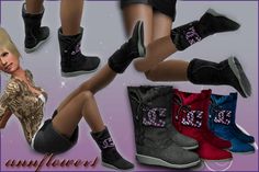 several images of different types of shoes and boots with the same image on them, all in various colors