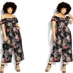 City Chic Sweet Botanical Wide Leg Floral Jumpsuit | Size Large/20 (Nwt) Large/20 Bust: 50” Waist: 42.9” Hip: 54.7” Streamlined To Perfection, The Botanical Jumpsuit Hugs And Flatter Your Curves In All The Right Places. With A Trendy Wide Leg Cut And A Sexy Off-Shoulder Neckline, This Decadent Beauty Pulls Out All The Stops! Key Features Include: - Gel-Lined Off-Shoulder Neckline With Ruffle Feature - Crochet Trim Detail - Invisible Back Zip Closure - Side Pockets - Wide Leg Cut - Fully Lined - Summer Floral Print Jumpsuits And Rompers For Date Night, Floral Print Jumpsuits And Rompers For Date Night, Chic Floral Print Jumpsuits And Rompers For Brunch, Feminine Floral Print Jumpsuits And Rompers For Vacation, Chic Floral Print Jumpsuits For Brunch, Chic Printed Jumpsuits And Rompers For Brunch, Spring Floral Print Jumpsuits And Rompers For Date Night, Elegant Floral Print Jumpsuits And Rompers For Day Out, Elegant Floral Print Jumpsuits And Rompers For Night Out