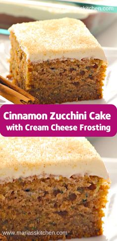 cinnamon zucchini cake with cream cheese frosting and cinnamon sticks on the side