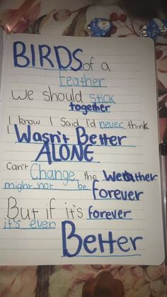 a note with words written on it and birds in the sky above them that read, birds of a featherer, we should stick together