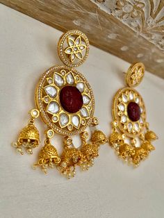 Gold Red Kundan Polki Ruby Indian Wedding Bollywood Bridal Round Circular Floral Statement Big Jhumki Earrings Sabyasachi Jewelry Jewellery Color - Gold and red Wedding Bollywood, Sabyasachi Jewelry, Bollywood Bridal, Sabyasachi Jewellery, Jhumki Earrings, Wedding Jewelry Earrings, Wedding Earrings, Red Gold, Indian Wedding