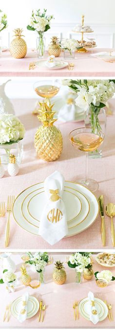 the table is set with pineapples and white flowers