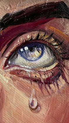 an oil painting of a woman's eye with tears