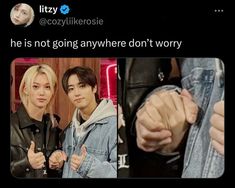 two people holding their hands together with the caption that reads, he is not going anywhere don't worry