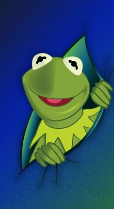 kermie the frog is peeking out from behind a blue background with green leaves