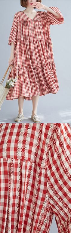 Casual Plaid Dress For Beach, Casual Plaid V-neck Dress, Casual V-neck Plaid Dress, Casual Plaid Summer Beach Dress, Casual Plaid Beach Dress For Summer, Casual Summer Plaid Dress For Beach, Casual Plaid Cotton V-neck Dress, Casual Cotton Plaid Dress With V-neck, Casual Red Plaid Dress For Spring