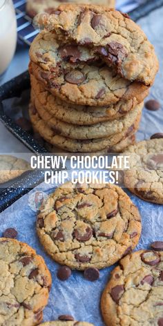 chewy chocolate chip cookies stacked on top of each other