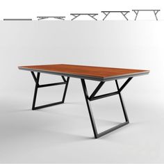 the table is made out of metal and wood, with two legs on each side