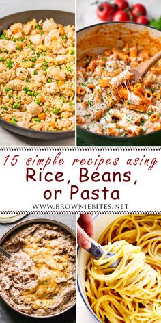 four different pictures with the words rice, beans, or pasta in them and an image of