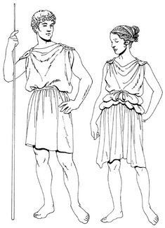 an ancient man and woman standing next to each other, one holding a stick in his hand