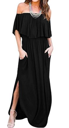 Off the Shoulder Dress. Lightweight fabric. Fit is comfortable with pockets and side slits . Perfect for date night or vacation. 95%Rayon 5% Spandex Washable Cruise Formal Night Outfit Women, Cruise Formal Night Outfit, Junior Dresses Casual, Side Split Maxi Dress, Very Short Dress, Off Shoulder Long Dress, Long Sundress, Long Slip Dress, Maxi Dress Outfit