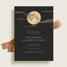 a black and gold halloween party card with a full moon in the sky above it