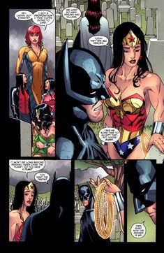 a comic page with the batman and wonder woman being kissed by two other women in front of