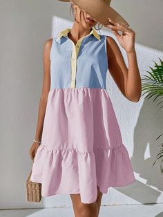 Multicolor Cute  Sleeveless Polyester Striped Smock Embellished Non-Stretch  Women Dresses Shirt Dresses For Women, Checked Shirt Dress, Patchwork Clothes, African Lace Dresses, African Lace, Home Dress, Fashion Tips For Women, Colorblock Dress, Western Dresses