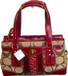 Brown Satin, Bags Coach, Interior Fabric, Brass Accents, Jacquard Fabric, Leather Handle, Coach Bags, The Hamptons, Red Leather