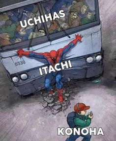 a man standing in front of a bus with the words ughas itachi konoha