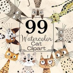 the 99 watercolor cat clipart is in front of a white background with black dots