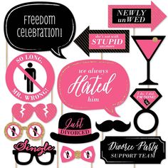 pink and black photo booth props with speech bubbles, signs, and mustaches on them