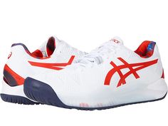 ASICS Gel-Resolution 8 - Men's Tennis Shoes : White/Classic Red : Make your performance goals a reality with the ASICS Gel-Resolution 8 tennis shoes. A lightweight upper built with Dynawrap and Dynawall technology keeps the foot locked down and secure. Tennis sneakers with Flexion Fit uppers. Lace-up closure for a custom fit. Padded tongue and collar. Breathable mesh lining. Midsole features a GEL cushioning system in the rear and forefoot for a responsive stride. Flexible outsole with AHAR+ rub White Sneakers With Boost Midsole For Pickleball, White Slip-resistant Basketball Shoes For Sports, Synthetic Tennis Running Shoes With Cushioned Footbed, Synthetic Cushioned Tennis Running Shoes, White Slip-resistant Basketball Shoes, Synthetic Running Shoes With Cushioned Footbed For Tennis, Functional Running Shoes With Boost Midsole For Tennis, White Low-top Running Shoes For Pickleball, Adidas Sporty Tennis Running Shoes