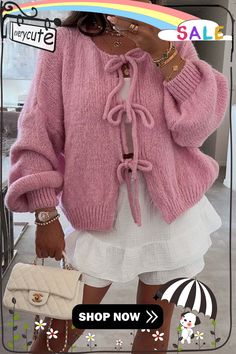 Casual Solid Color Lace Up O Neck Outerwear(9 Colors) Cardigan Rosa, Simple Sweaters, Cardigan Casual, Winter Vest, Áo Len Cardigan, Estilo Chic, Ținută Casual, Knit Sleeve, Outfit Casual