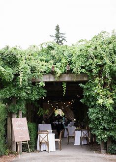 an outdoor venue with tables and chairs covered in greenery at the end of it