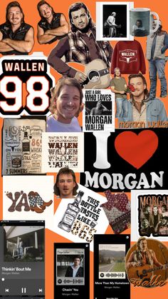 the collage has many different pictures on it, including an i love morgan sticker