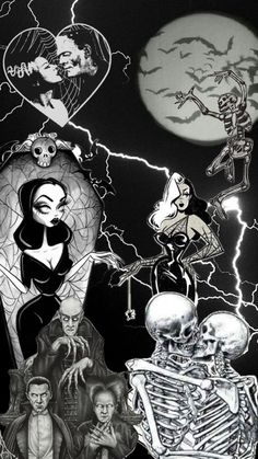 a black and white photo of halloween characters with bats, skeletons and skulls in the background