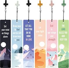 four bookmarks with different sayings on them and one has a cross in the middle