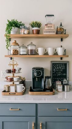 the coffee bar is organized and ready for customers to use