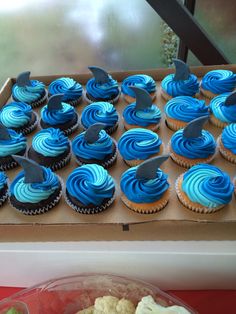 cupcakes with blue frosting and sharks on them are displayed in a box