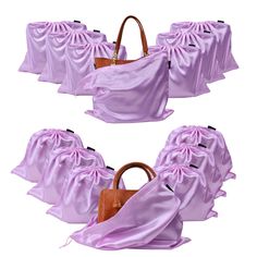 six pieces of purple satin bags with brown handles