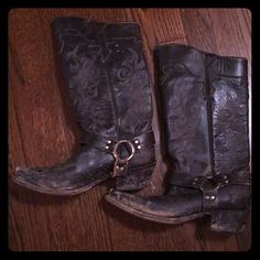 My Favorite Frye Black Cowboy Boots With Cool Stitching And Biker Vibe. Barely Worn Except To Concert. Bottoms In Great Shape. Have Little Mud On Them In Pic But Will Clean Up Before Sending. Black Cowboy Boots, Black Cowboy, Biker Boots, Frye Shoes, Shoes Heels Boots, Clean Up, Cowboy Boots, Shoes Women Heels, Heeled Boots