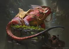 an animated image of a giant red dragon sitting on top of a rock