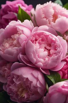 pink peonies with green leaves on a black background, close up view from above