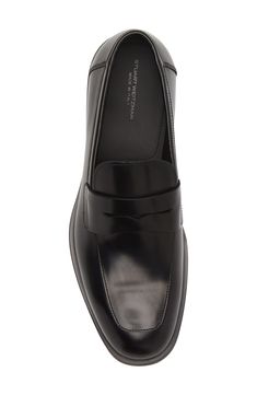 Classic and versatile, this loafer topped with a traditional penny strap features a softly squared apron toe and a smart, streamlined profile. Leather upper and lining/rubber sole Made in Italy Elegant Fitted Loafers With Removable Insole, Designer Goodyear Welted Loafers For Workwear, Designer Fitted Loafers For Semi-formal Occasions, Designer Semi-formal Loafers, Designer Leather Sole Loafers, Classic Square Toe Leather Shoes For Business Casual, Classic Leather Shoes With Square Toe For Business Casual, Designer Fitted Loafers With Leather Sole, Classic Fitted Almond Toe Loafers