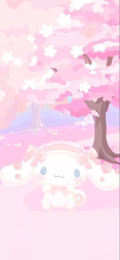 a pink background with an animal under a tree