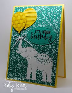 a birthday card with an elephant and balloon