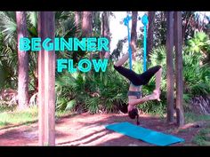 a woman is doing aerial yoga in the woods with text overlay that reads beginner flow