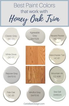 the best paint colors that work with honey oak trim, including white dove and blue gray