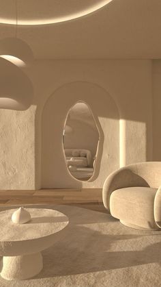 a living room filled with white furniture and circular mirrors on the wall above it's windows